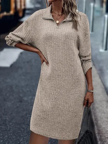 Vista 4 de Vodikar Women's Ribbed Knit Shift Midi Dress Fleece Quarter Zip Polo Neck Long Sleeve 2023 Fall Fashion Knitted Dresses