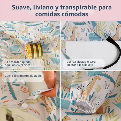 Vista 3 de Babero de Manga Larga para Bebé - Baberos a Prueba de Desastres para Bebés - Ajustable, Impermeable y con Accesorio para Silla/Mesa Alta Elefante