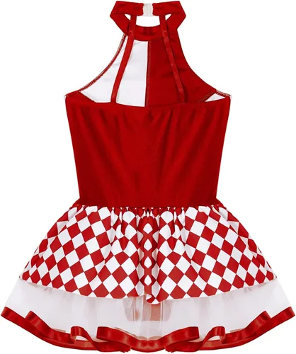 Vista 6 de JEATHA Vestido de leotardo de malla sin mangas con tutú para niñas, disfraz de payaso para Halloween, espectáculo de circo