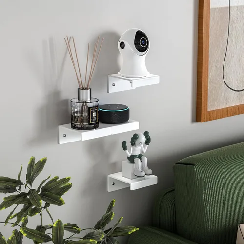Vista 6 de Estantes de pared flotantes de acrílico para cámaras de seguridad, monitores de bebé, altavoces, estante de pared pequeño blanco con cintas