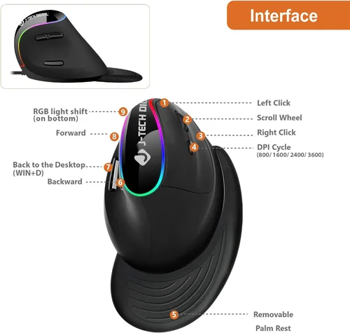 Vista 3 de J-Tech Digital Mouse ergonómico con conexión con cable, reposamanos extraíble, botones de pulgar, 800, 1200, 1800, 3200 DPI compatible con Windows