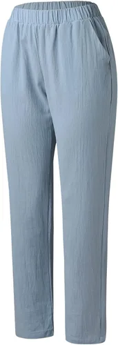 Vista 4 de Pantalones de lino para mujer, de verano, casuales, de tiro alto, cónicos, de algodón, cintura elástica, con bolsillos