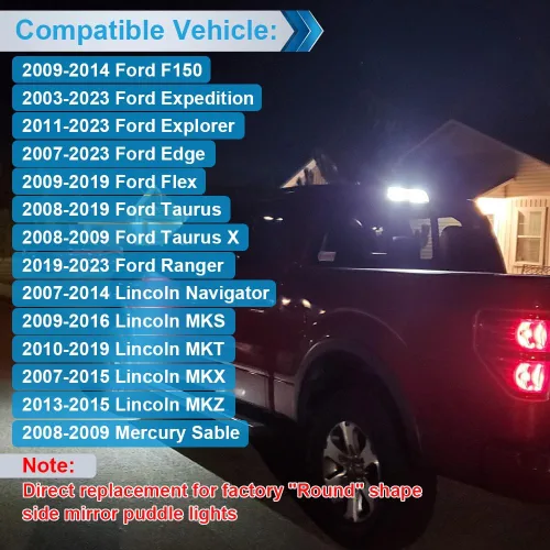 Vista 6 de Foco LED de Advertencia de Charcos para Espejo Retrovisor Lateral, Compatible con F150 2009-2014, Expedition 2003-2023, Explorer 2011-2023, Edge