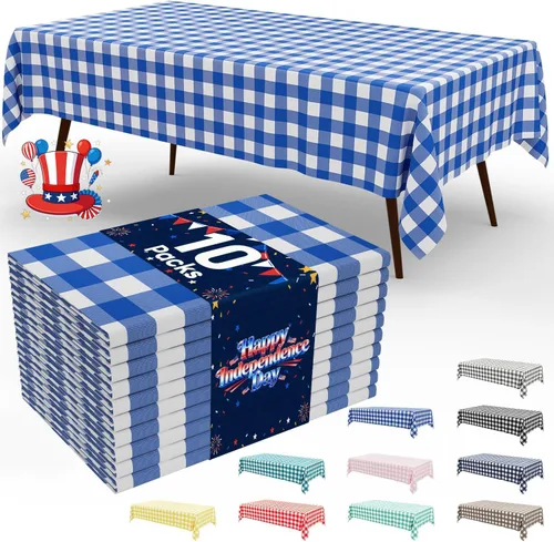 Vista 90 de Smiry Paquete de 3 Manteles Desechables de Cuadros Gingham Color Caqui - 54" x 72" Mantel de Plástico de Servicio Pesado, Cubiertas de Mesa