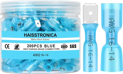 Vista 12 de haisstronica 200 conectores de pala hembra termorretráctiles azules, AWG 16-14, kit de terminlas de pala hembra termorretráctil, conectores