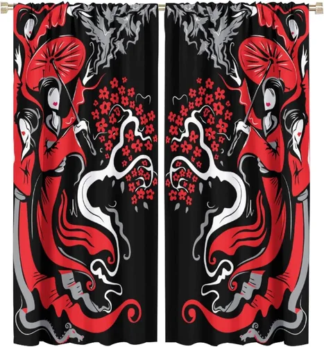 Vista 24 de Cortinas de estilo japonés, Kyoto Geisha Girls Asian Ink Painting - Cortinas de tela de poliéster con estampado de Japón antiguo para dormitorio