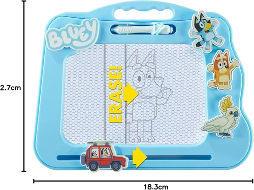 Vista 7 de Bluey Travel - Almohadilla magnética para garabatos con bolígrafo y 3 sellos, dibuja y borra sin ensuciar, azul