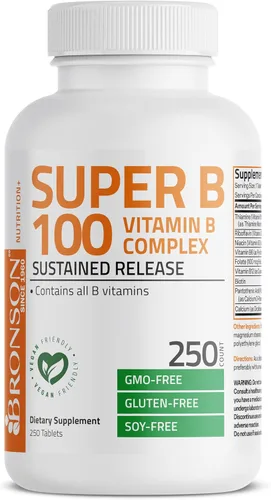 Vista 5 de Bronson Complejo de Vitamina B Super B 100 de Liberación Sostenida Contiene Todas las Vitaminas B (Vitamina B1, B2, B3, B6, B9 - Ácido Fólico, B12)