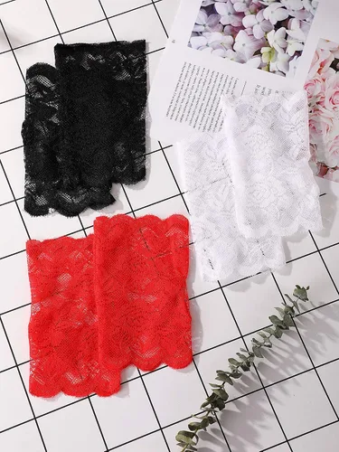 Vista 7 de 3 pares de guantes de encaje para mujer, sin dedos, cortos, floral, para boda, fiesta