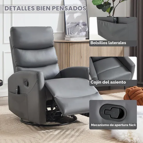 Vista 4 de Silla reclinable manual con masaje vibratorio, reclinable giratorio con control remoto, mecedora con calor lumbar, sillas reclinables con bolsillos