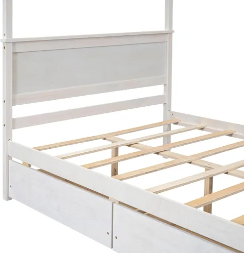 Vista 8 de Cama de plataforma de tamaño matrimonial, cama con dosel de madera con 2 cajones, cama de plataforma con dosel de tamaño matrimonial con listones