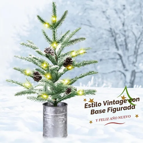 Vista 2 de Árbol de Navidad pequeño de 24 pulgadas, mini árbol de Navidad preiluminado con 60 luces estilo rústico, árbol de mesa de 2 pies