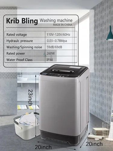 Vista 2 de KRIB BLING Lavadora completamente automática con pantalla LED, bomba de drenaje de lavadora de 17.7 libras, 10 programas y 8 niveles de agua Gris