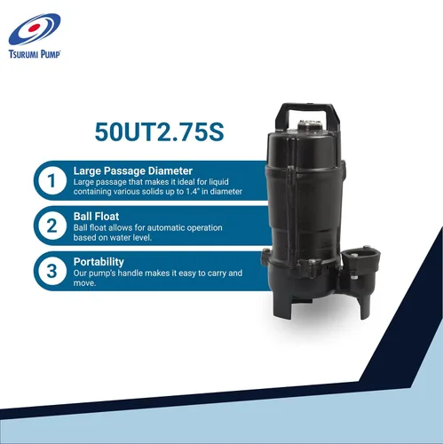 Vista 3 de Tsurumi Pump 50UT2.75S Bomba de aguas residuales de hierro fundido 1 HP, 115 V, 2 pulgadas de descarga Ideal para bombear aguas residuales