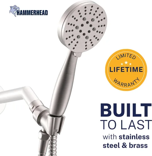 Vista 2 de HammerHead Showers Solid Metal 3-Spray Handheld Shower Head with Long Hose and Holder, High Pressure, Wide/Massage/Mist Sprays, Brushed Nickel, 1.75