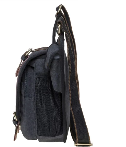 Vista 5 de Bolso de mensajero de lona vintage para hombre, bolso de mensajero de retazos de cuero en el pecho