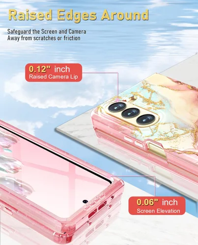 Vista 3 de Btscase Funda para Samsung Galaxy Z Fold 5, protector de pantalla frontal integrado, patrón de mármol dorado con purpurina de policarbonato duro