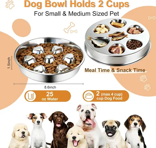Vista 4 de Paquete de 2 cuencos de acero inoxidable para perros de alimentación lenta, cuencos de metal antideslizantes para mascotas para comedores rápidos