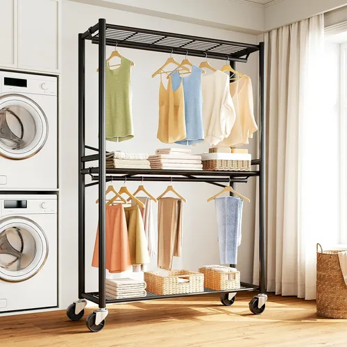 Vista 9 de HYSEYY Rolling Clothes Rack Heavy Duty Clothing Rack for Hanging Clothes