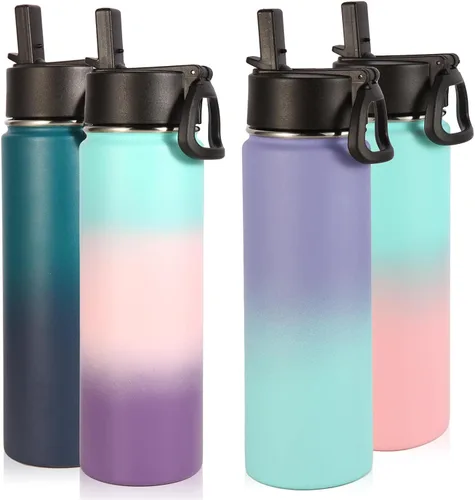 Vista 16 de Volhoply Botellas de agua aisladas de 22 onzas con tapa con popote, botella deportiva de acero inoxidable con asa, vasos de agua de viaje de metal
