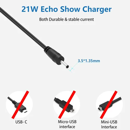 Vista 3 de Cable de alimentación de cargador de 21 W compatible con Echo Alexa de 1ª y 2ª generación, Echo Show (1ª generación), Echo Plus (1ª generación)