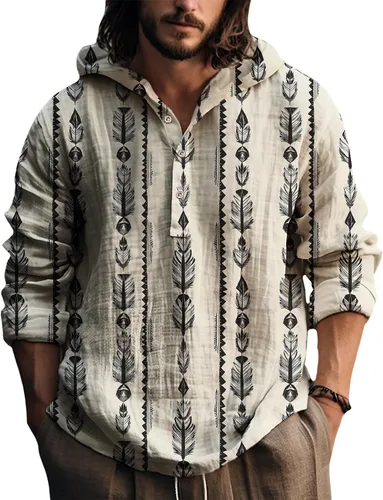 Vista 13 de Sudadera con capucha para hombre, con estampado de plumas, manga larga, 3 botones, a la moda, casual, para otoño, cómoda y suave