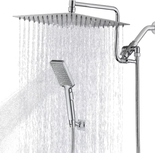 Vista 11 de Cabezal de ducha de 8 pulgadas para California con combo de mano, brazo de extensión de 12 pulgadas de altura ajustable, cabezal de ducha de acero