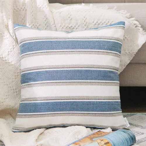 Vista 8 de Funda de almohada a rayas de lino sintético suave cuadrada decorativa con cremallera oculta para sofá, auto o dormitorio 12" x 12" Negro y blanco