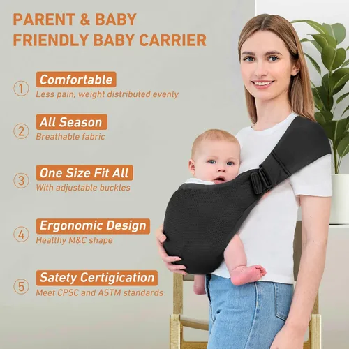 Vista 3 de Portabebés para recién nacidos a niños pequeños, portabebés de malla, ligero y transpirable, portabebés de verano, portabebés, talla única (negro)