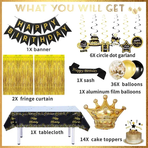 Vista 3 de Decoraciones de cumpleaños en negro y dorado para hombres y mujeres, decoraciones de fiesta en negro y dorado incluyen corona, remolinos colgantes