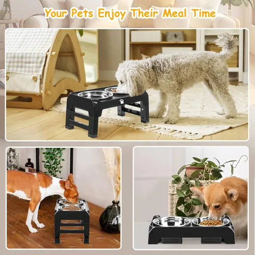 Vista 8 de Cuencos elevados para perros de 3 alturas ajustables con soporte elevado con cuencos de comida para perros de acero inoxidable de 25 oz