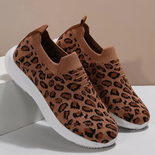 Vista 6 de Tenis de moda con estampado de leopardo para mujer, parte superior de malla elástica, transpirables, cómodos y ligeros, mocasines y sin cordones