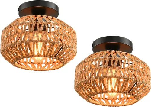 Vista 11 de 1 paquete de lámparas de granja para montaje en techo, mini lámpara de techo de ratán bohemio semiempotrada, accesorios de luz de pasillo tejidos a