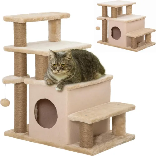 Vista 10 de PawHut Escaleras para mascotas con poste rascador de sisal para gatos Escalones para gatos de altura ajustable de 3/4, condominio, pelota de juguete