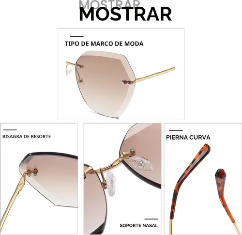 Vista 5 de AEVOGUE Gafas de sol para mujer de gran tamaño sin montura con lentes de corte de diamante AE0534 dorado y marrón