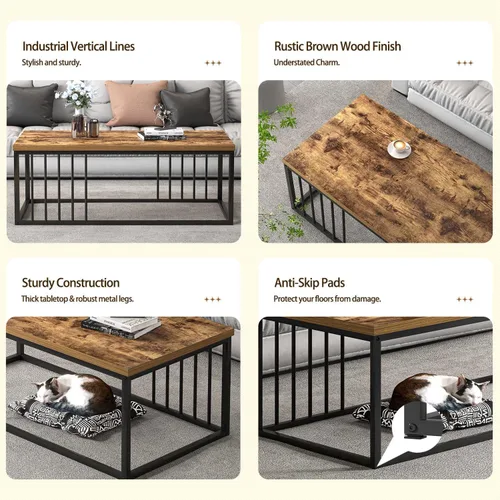 Vista 5 de FOLUBAN Mesa de café, moderna mesa de sala de estar de madera y metal, mesa de té rectangular industrial, marrón rústico, 43.3 pulgadas