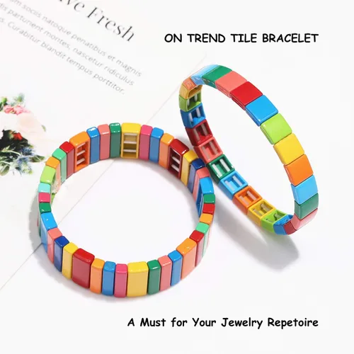 Vista 6 de Juego de 4 pulseras elásticas de azulejos esmaltados de arcoíris para mujer, juego de pulseras elásticas de cuentas multicolores apilables