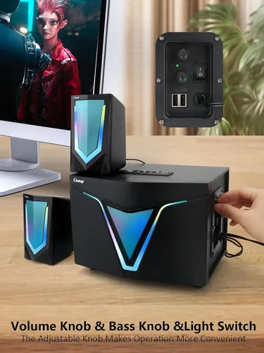 Vista 4 de 2.1 Altavoz de computadora alimentado por USB con subwoofer,Altavoces de PC con subwoofer-Satélites de rango completo de agudos medios dobles de 4.7