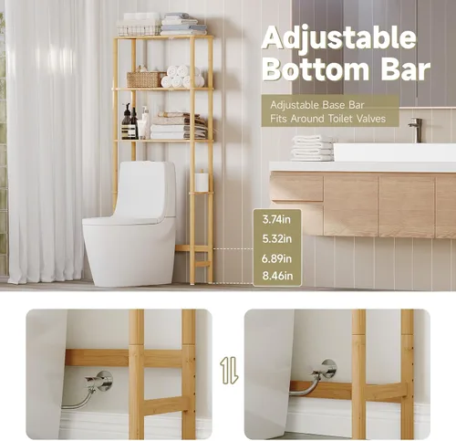 Vista 5 de Almacenamiento sobre el inodoro, estante de baño de bambú de 3 niveles con Natural