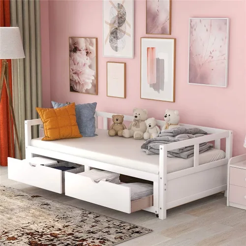 Vista 3 de Sofá cama extensible de madera con dos cajones de almacenamiento, sofá cama para dormitorio, sala de estar, tamaño individual/king