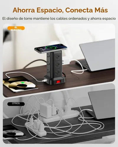 Vista 7 de Regleta de alimentación con 12 tomas, 4 USB (1 USB C), cable de extensión de 6.5 pies con múltiples tomas, estación de carga, torre de regleta