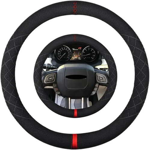 Vista 26 de Funda de volante de gamuza de 14 pulgadas, compatible con Tesla Model 3 Model Y, funda de volante deportiva de cuero gamuza antideslizante