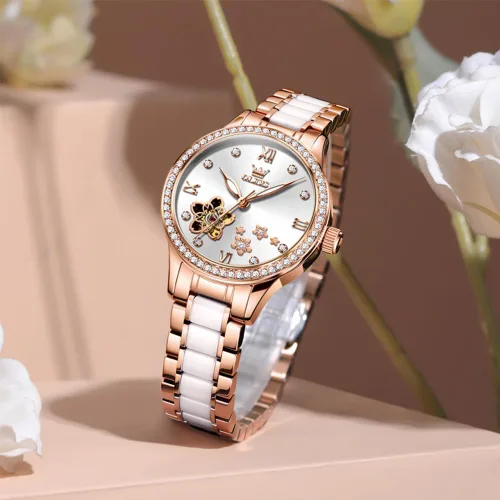 Vista 6 de OLEVS Relojes para mujer, reloj automático de lujo, correa de cerámica, oro rosa, reloj de pulsera para mujer