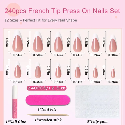 Vista 6 de 240 uñas postizas de punta francesa a presión, uñas postizas medianas de almendra, uñas blancas de punta francesa a presión, uñas acrílicas a