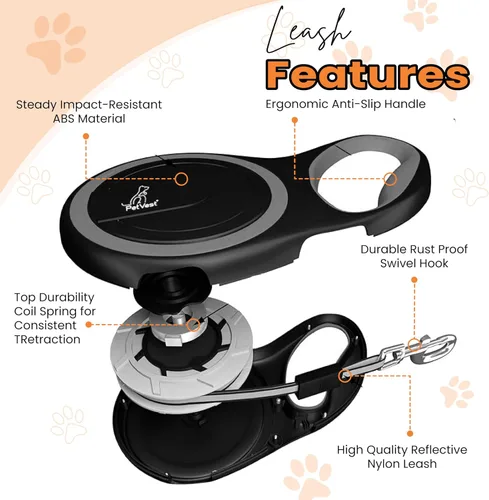 Vista 6 de Correa retráctil para perro, extensible hasta 16 pies, cinta de nailon resistente, sin enredos, freno y bloqueo con una sola mano, para perros