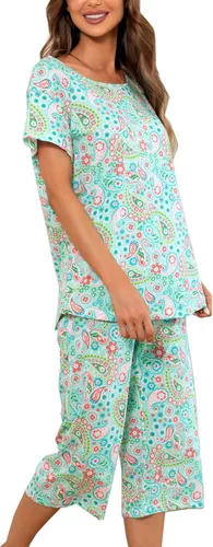 Vista 24 de ENJOYNIGHT Conjuntos de pijama de algodón para mujer, pijamas de verano con pantalones capri, ropa de dormir Gato negro