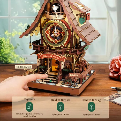 Vista 4 de ROKR Rompecabezas de madera 3D para adultos, kit de modelo de reloj de cuco, decoración del hogar de habitación, kit de fabricación de relojes