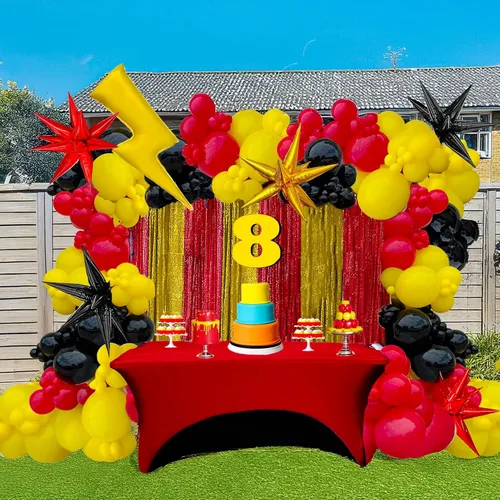 Vista 5 de Kit de arco de globos de atrapasueños de monstruos, 154 unidades, decoración de fiesta roja, amarilla y negra, con rayo y globos de papel