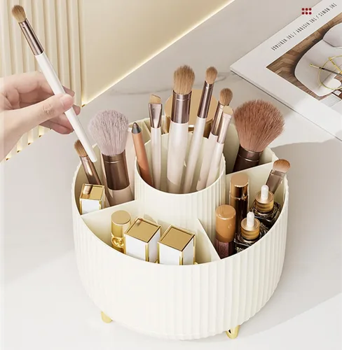 Vista 9 de Organizador de brochas de maquillaje giratorio de 360 grados, diseño desmontable, 5 ranuras, para cosméticos y lápices, organizador para escritorio