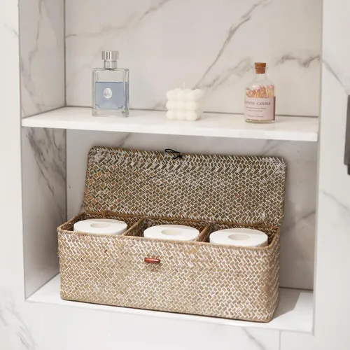 Vista 7 de Cesta de Almacenamiento de Seagrass Blanqueado con Tapa Tejida para Rollos de Papel Higiénico con Secciones Rectangular para Organizar Snacks